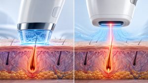 تصویری مفهومی و مقایسه ای برای بیان تفاوتها و شباهتهای لیزر تماسی و غیرتماسی رفع موهای زاید