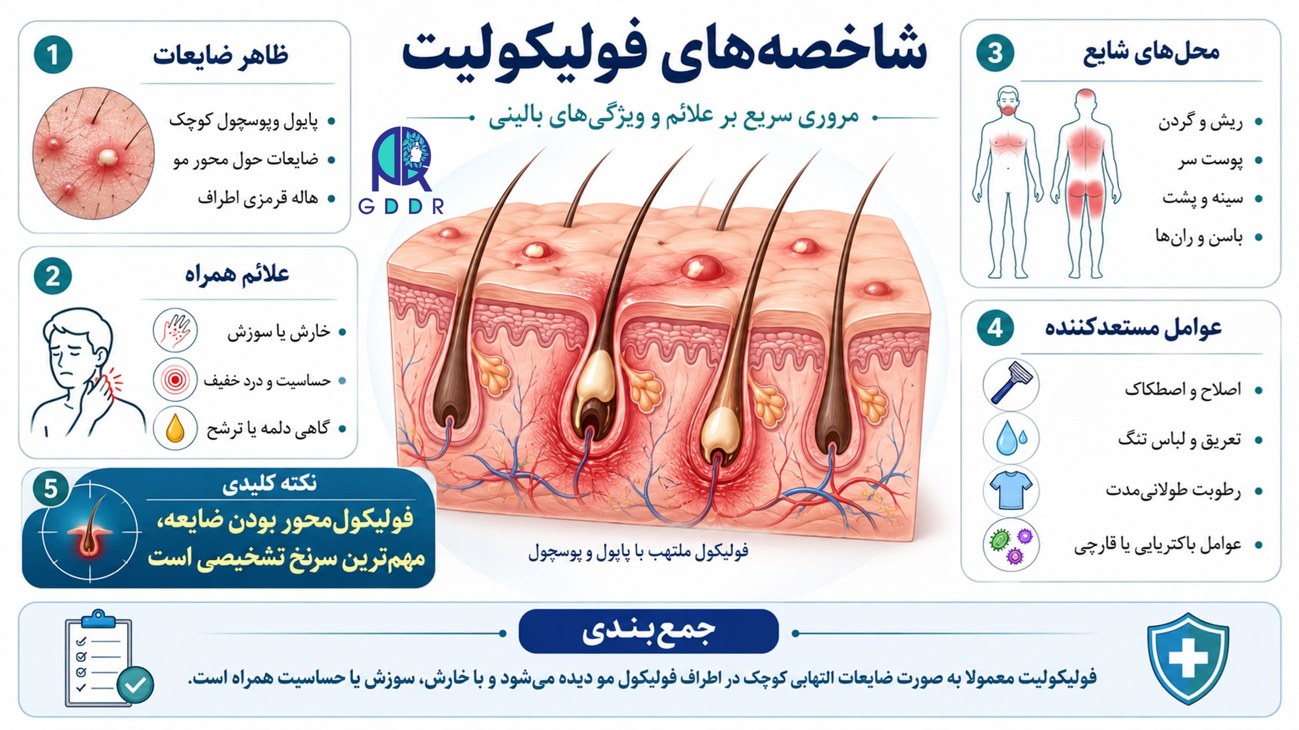 شاخصه های فولکیولیت برای بهبود روند تشخیص آن از آکنه معمولی در یک تصویر اینفوگرافیک جامع